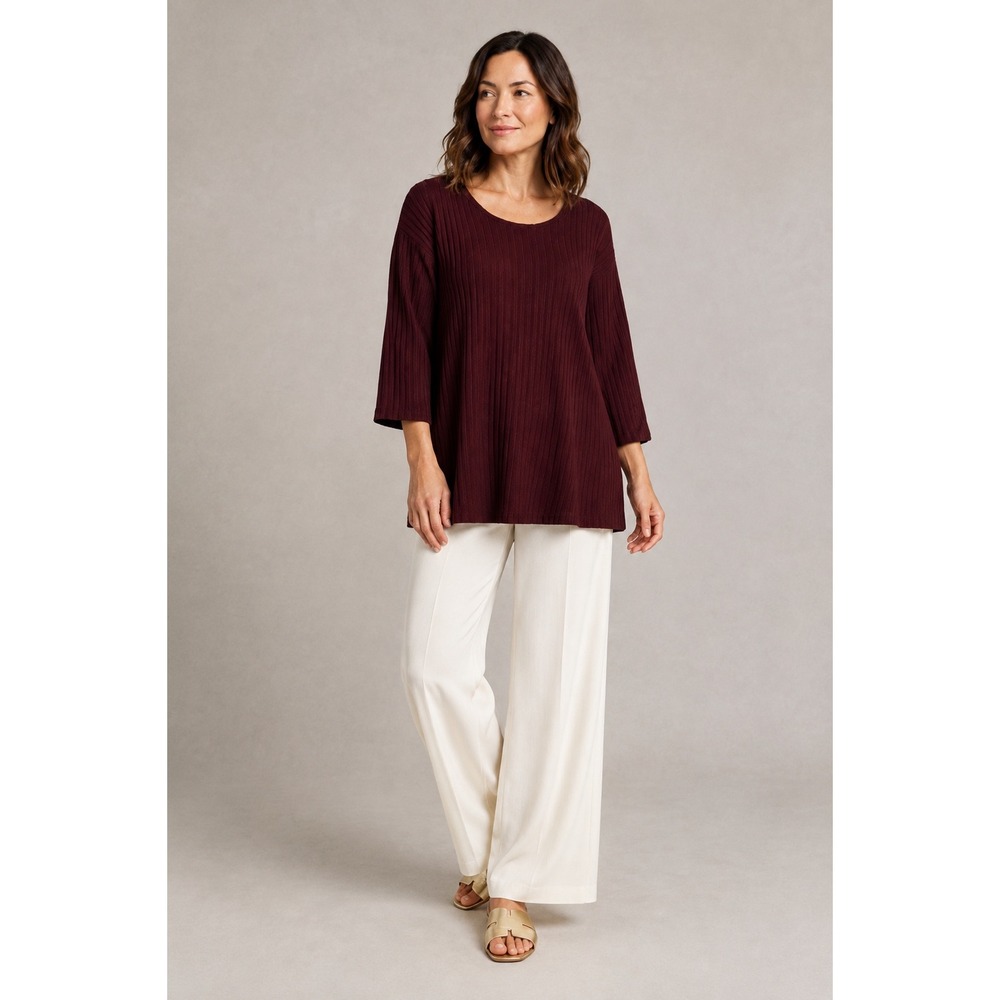 Eileen Fisher XL Burgundy 100% Merino Wool Ribbed A-Line Tunic Sweater Italian